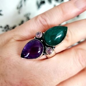 New Amethyst, Emerald & Pink Topaz 925 Silver Statement Ring.